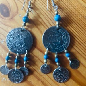Source Unknown Turquoise Blue and Antique Silver Coin Dangle Earrings